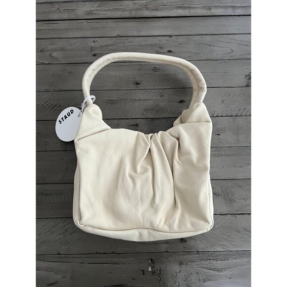 STAUD Felix Ruched Leather Shoulder Bag in Cream NWT - Picture 6 of 13